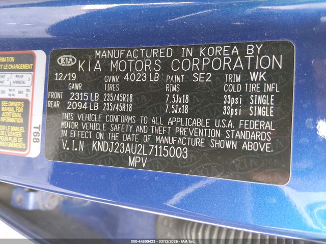 44609423 :رقم المزاد ، KNDJ23AU2L7115003 vin ، 2020 Kia Soul X-line مزاد بيع