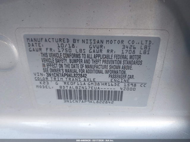 3N1CN7AP9KL822842 Nissan Versa 1.6 Sv