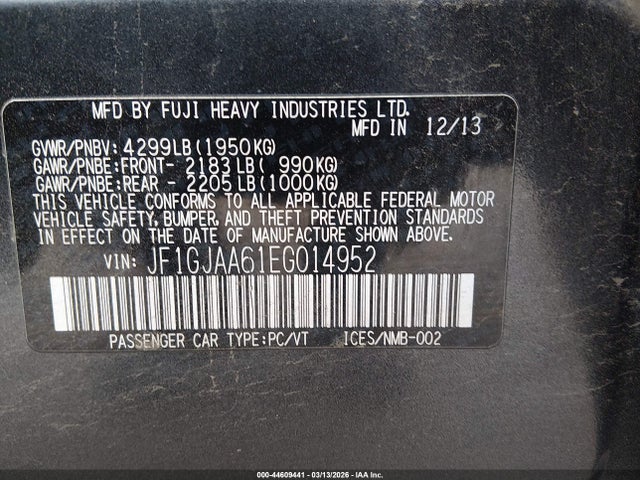 44609441 :رقم المزاد ، JF1GJAA61EG014952 vin ، 2014 Subaru Impreza 2.0i مزاد بيع