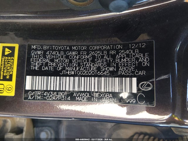 Продажа на аукционе авто 2013 Lexus Es 300h, vin: JTHBW1GG2D2016645, номер лота: 44609442