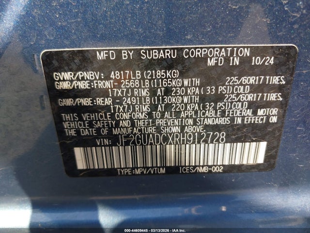 Продаж на аукціоні авто 2024 Subaru Crosstrek Premium, vin: JF2GUADCXRH912728, номер лоту: 44609445
