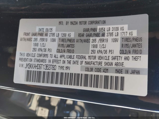Aukcja sprzedaży 2026 Mazda Cx-90 3.3 Turbo Select, vin: JM3KKAHD9T1353780, numer aukcji: 44609447