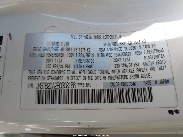 Продажа на аукционе авто 2011 Mazda Cx-9 Grand Touring, vin: JM3TB2DA2B0308156, номер лота: 44609458