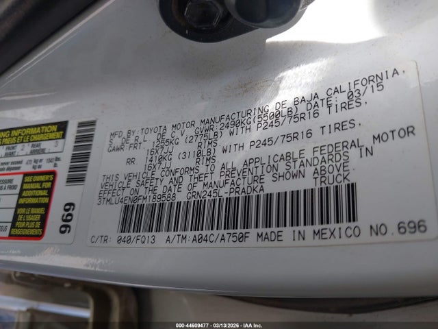 44609477 :رقم المزاد ، 3TMLU4EN0FM189588 vin ، 2015 Toyota Tacoma Base V6 مزاد بيع