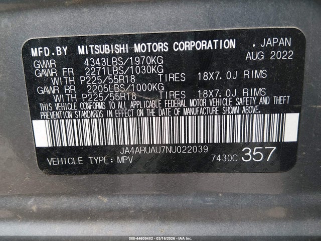 Продаж на аукціоні авто 2022 Mitsubishi Outlander Sport 2.0 Be Awc/2.0 Es Awc/2.0 Le Awc/2.0 Se Awc/2.0 Se Special Edition Awc, vin: JA4ARUAU7NU022039, номер лоту: 44609482