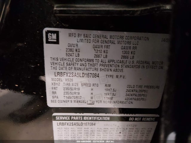 44609490 :رقم المزاد ، LRBFX2SA5LD167084 vin ، 2020 Buick Envision Awd Essence مزاد بيع