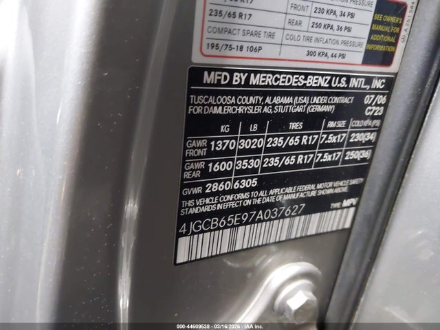 44609538 :رقم المزاد ، 4JGCB65E97A037627 vin ، 2007 Mercedes-benz R 350 4matic مزاد بيع
