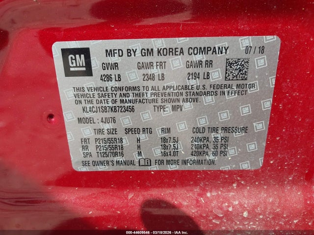 2019 Buick Encore Fwd Sport Touring მანქანა იყიდება აუქციონზე, vin: KL4CJ1SB7KB723456, აუქციონის ნომერი: 44609546