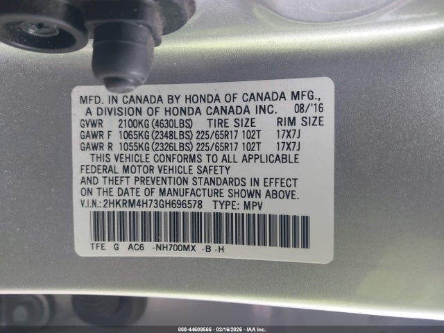 2016 Honda Cr-v Ex-l მანქანა იყიდება აუქციონზე, vin: 2HKRM4H73GH696578, აუქციონის ნომერი: 44609566