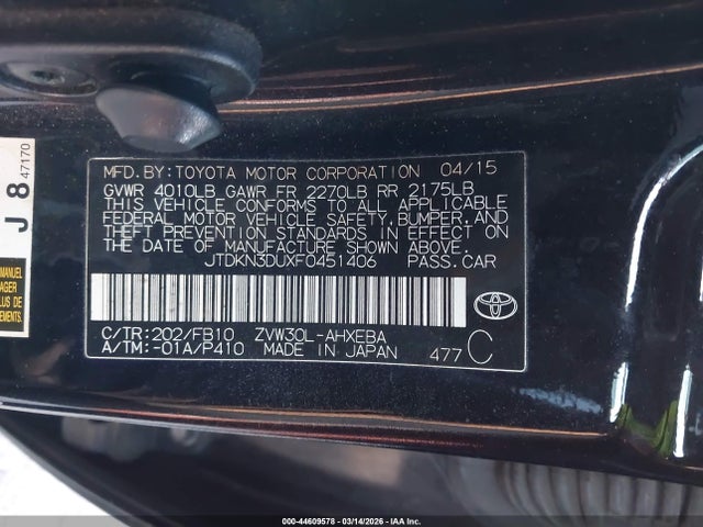 Toyota Prius Two 2015 JTDKN3DUXF0451406 Image 9