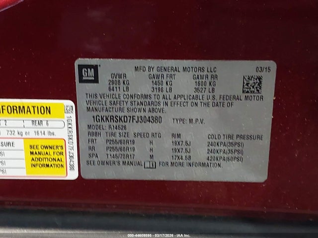 2015 Gmc Acadia Slt-2 მანქანა იყიდება აუქციონზე, vin: 1GKKRSKD7FJ304380, აუქციონის ნომერი: 44609595