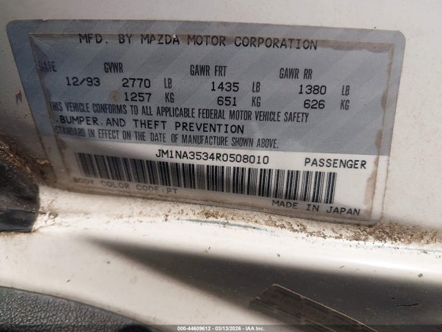 1994 Mazda Mx-5 Miata მანქანა იყიდება აუქციონზე, vin: JM1NA3534R0508010, აუქციონის ნომერი: 44609612