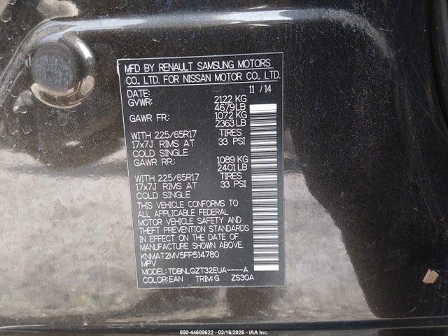 44609622 :رقم المزاد ، KNMAT2MV5FP514780 vin ، 2015 Nissan Rogue Sv مزاد بيع