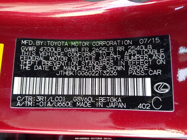 44609630 :رقم المزاد ، JTHBK1GG6G2213236 vin ، 2016 Lexus Es 350 مزاد بيع