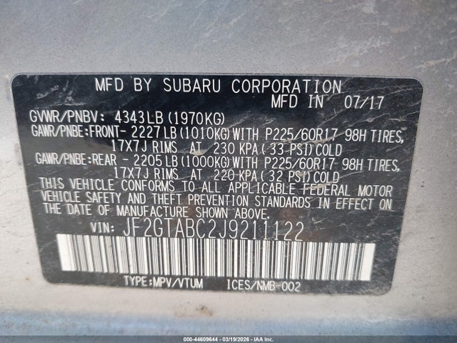 44609644 :رقم المزاد ، JF2GTABC2J9211122 vin ، 2018 Subaru Crosstrek 2.0i Premium مزاد بيع
