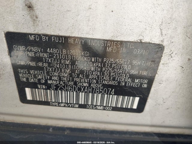 Aukcja sprzedaży 2010 Subaru Forester 2.5x Limited, vin: JF2SH6DCXAH785074, numer aukcji: 44609645
