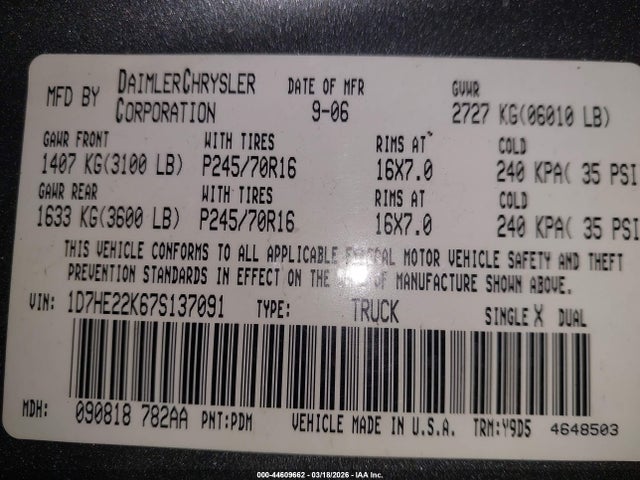 44609662 :رقم المزاد ، 1D7HE22K67S137091 vin ، 2007 Dodge Dakota St مزاد بيع