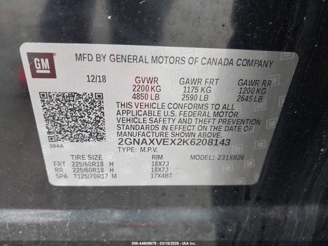 Продаж на аукціоні авто 2019 Chevrolet Equinox Lt, vin: 2GNAXVEX2K6208143, номер лоту: 44609679