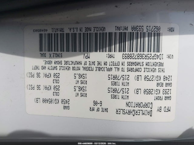 44609699 :رقم المزاد ، 1D4GP25R36B728893 vin ، 2006 Dodge Caravan Se مزاد بيع