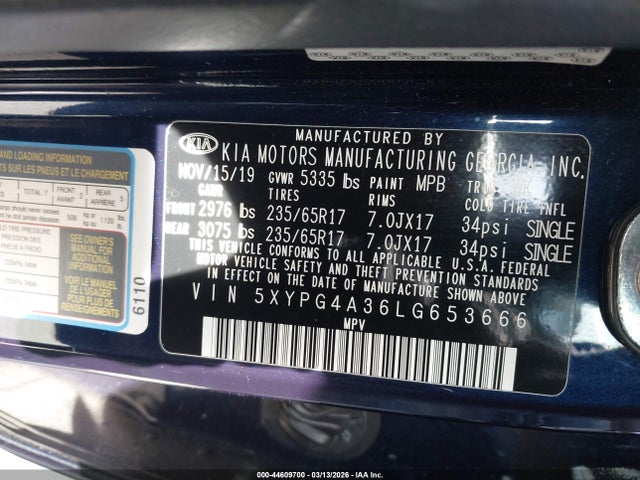 5XYPG4A36LG653666 KIA Sorento 2.4l Lx