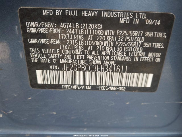44609701 :رقم المزاد ، JF2GPBCC3EH341611 vin ، 2014 Subaru Xv Crosstrek Hybrid 2.0i مزاد بيع