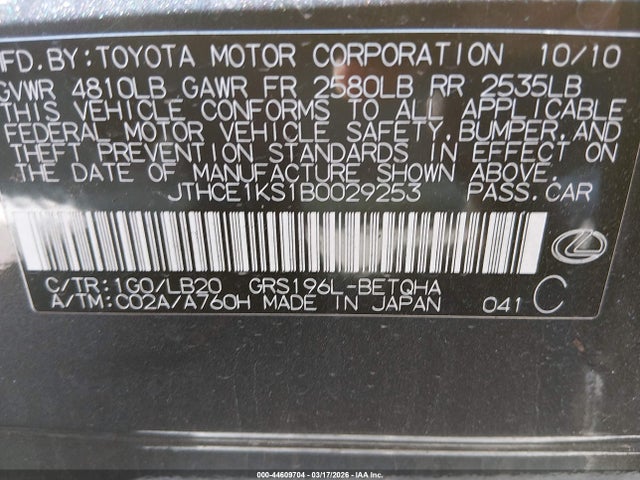 Aukcja sprzedaży 2011 Lexus Gs 350, vin: JTHCE1KS1B0029253, numer aukcji: 44609704