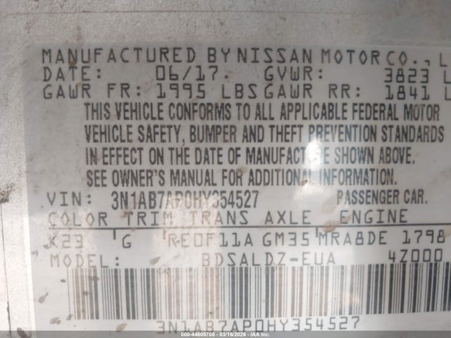 2017 Nissan Sentra Sv მანქანა იყიდება აუქციონზე, vin: 3N1AB7AP0HY354527, აუქციონის ნომერი: 44609705
