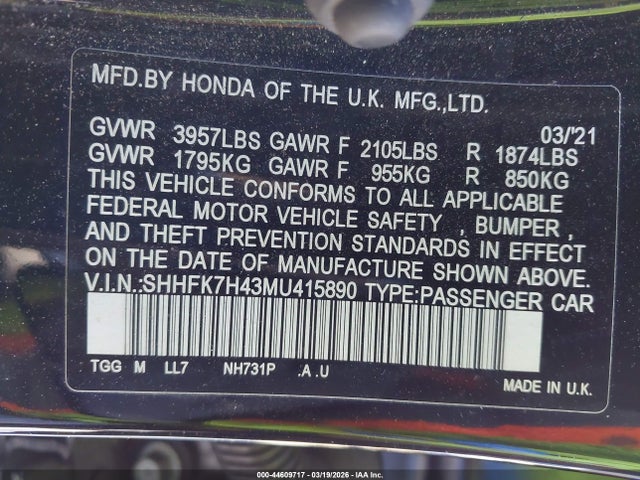 2021 HONDA CIVIC SHHFK7H43MU415890 Photo 8