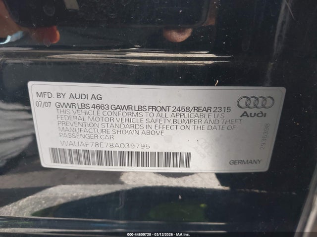 2008 AUDI A4 WAUAF78E78A039795 Photo 8