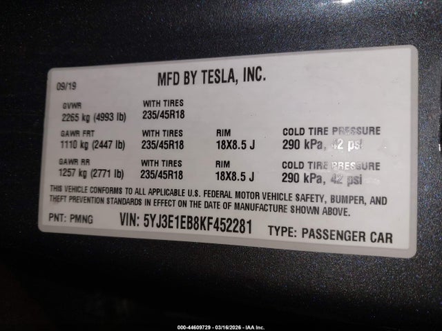 Продажа на аукционе авто 2019 Tesla Model 3 Long Range/performance, vin: 5YJ3E1EB8KF452281, номер лота: 44609729
