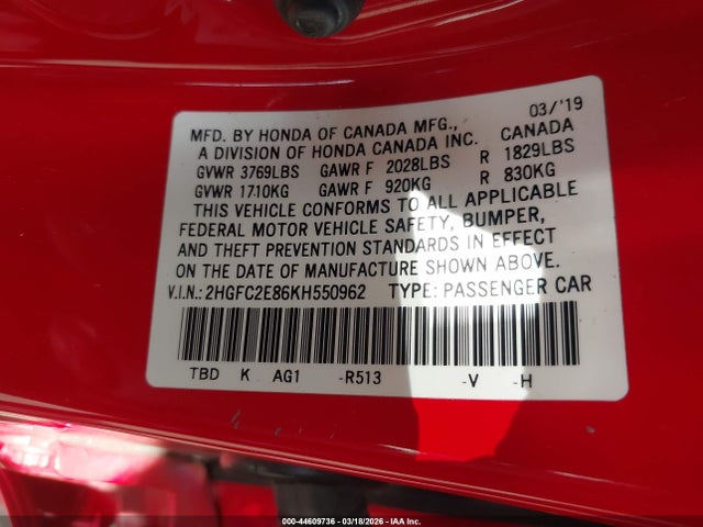 2019 Honda Civic Sport მანქანა იყიდება აუქციონზე, vin: 2HGFC2E86KH550962, აუქციონის ნომერი: 44609736