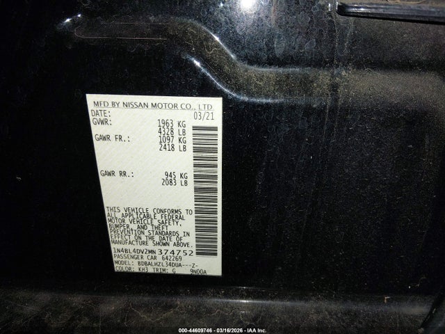 1N4BL4DV2MN374752 Nissan Altima Sv Fwd