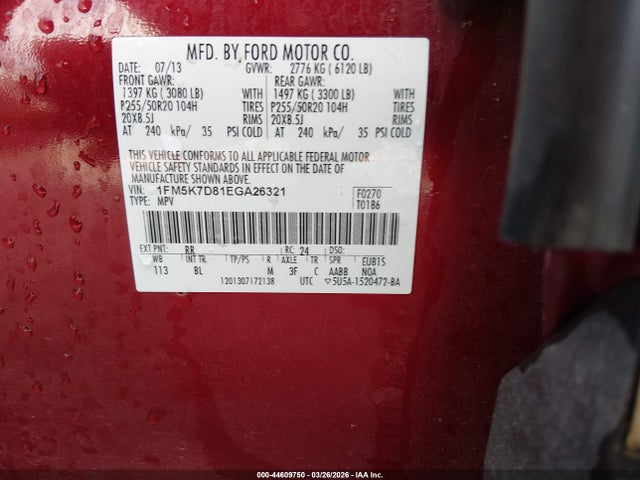 44609750 :رقم المزاد ، 1FM5K7D81EGA26321 vin ، 2014 Ford Explorer Xlt مزاد بيع