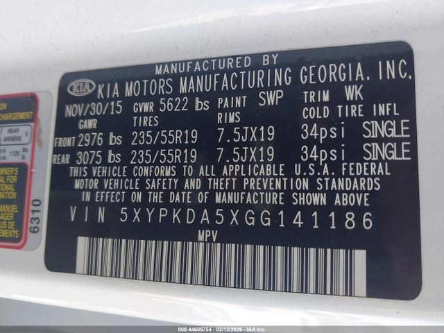 Aukcja sprzedaży 2016 Kia Sorento 3.3l Sxl, vin: 5XYPKDA5XGG141186, numer aukcji: 44609754