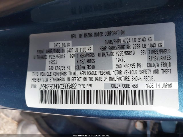 Aukcja sprzedaży 2019 Mazda Cx-5 Grand Touring, vin: JM3KFBDM0K0505482, numer aukcji: 44609767