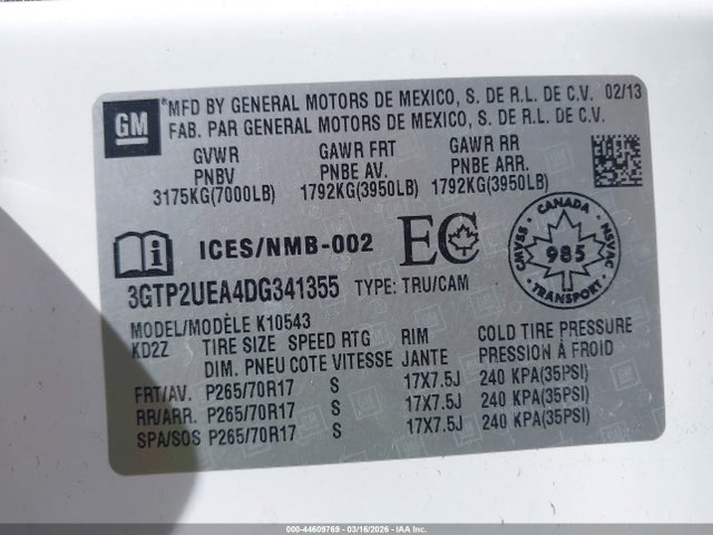 44609769 :رقم المزاد ، 3GTP2UEA4DG341355 vin ، 2013 Gmc Sierra 1500 Sl مزاد بيع