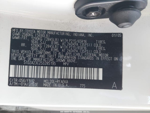 2005 Toyota Sienna Le მანქანა იყიდება აუქციონზე, vin: 5TDZA23C25S285195, აუქციონის ნომერი: 44609779