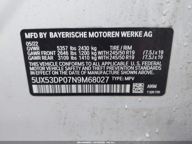 Aukcja sprzedaży 2022 Bmw X3 Xdrive30i, vin: 5UX53DP07N9M68027, numer aukcji: 44609803