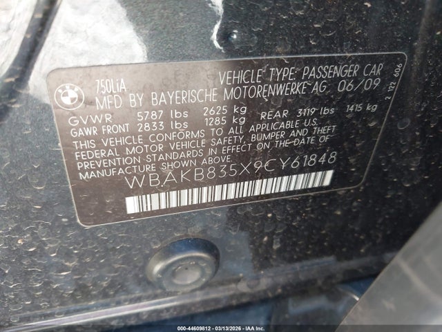 44609812 :رقم المزاد ، WBAKB835X9CY61848 vin ، 2009 Bmw 750li مزاد بيع