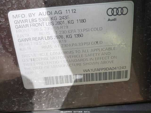 2013 Audi Q5 2.0t Premium მანქანა იყიდება აუქციონზე, vin: WA1LFAFP9DA041243, აუქციონის ნომერი: 44609854