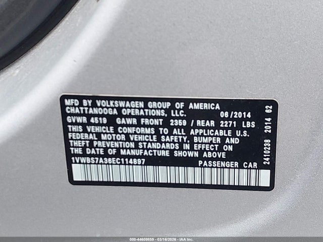 Aukcja sprzedaży 2014 Volkswagen Passat 1.8t Se, vin: 1VWBS7A36EC114897, numer aukcji: 44609859