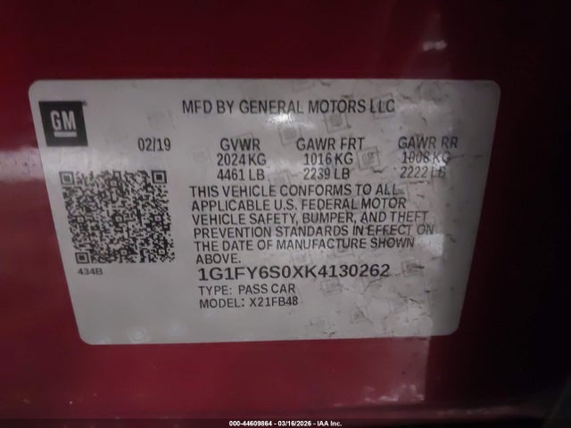 1G1FY6S0XK4130262 Chevrolet BOLT EV LT
