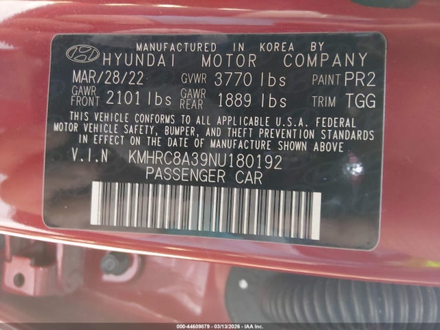 44609879 :رقم المزاد ، KMHRC8A39NU180192 vin ، 2022 Hyundai Venue Sel مزاد بيع
