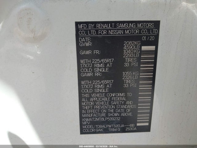 Продаж на аукціоні авто 2020 Nissan Rogue S Fwd, vin: KNMAT2MT8LP539232, номер лоту: 44609880