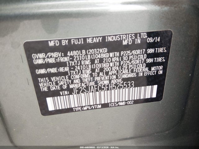 44609908 :رقم المزاد ، JF2SJAFC5FH525533 vin ، 2015 Subaru Forester 2.5i Premium مزاد بيع