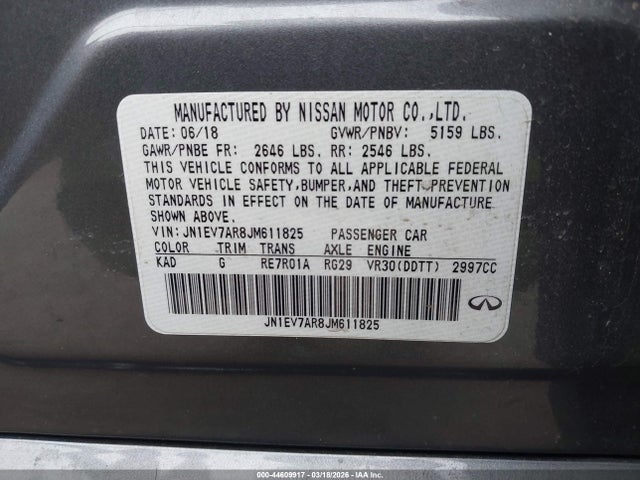 44609917 :رقم المزاد ، JN1EV7AR8JM611825 vin ، 2018 Infiniti Q50 3.0t Luxe مزاد بيع
