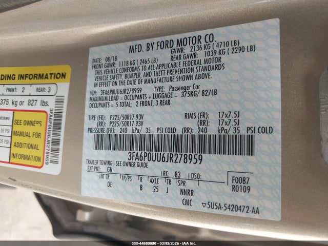 3FA6P0UU6JR278959 Ford Fusion Hybrid S