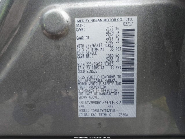 44609962 :رقم المزاد ، 5N1AT2MV0HC794632 vin ، 2017 Nissan Rogue Sv مزاد بيع