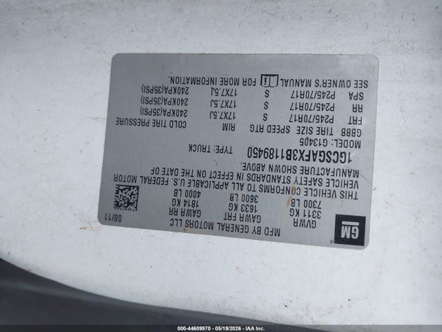 Aukcja sprzedaży 2011 Chevrolet Express 1500 Work Van, vin: 1GCSGAFX3B1189450, numer aukcji: 44609970