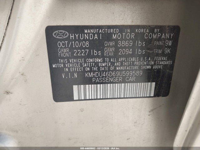 Продаж на аукціоні авто 2009 Hyundai Elantra Gls, vin: KMHDU46D69U599589, номер лоту: 44609982